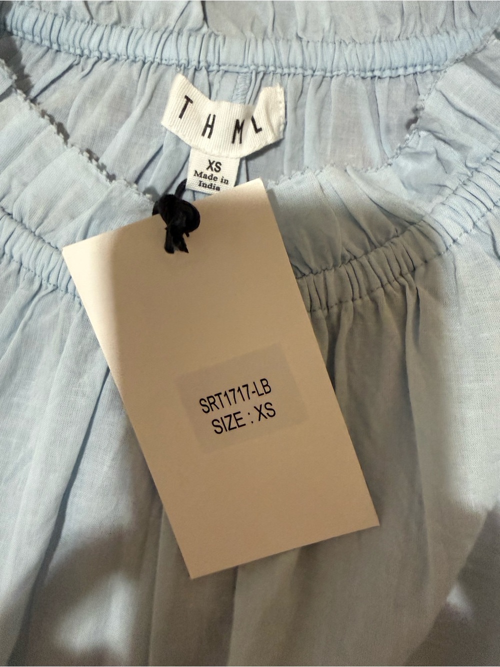 Chambray Blouse Embroidered Puff Sleeve Boho Top Ruffle Neck - Picture 4 of 4